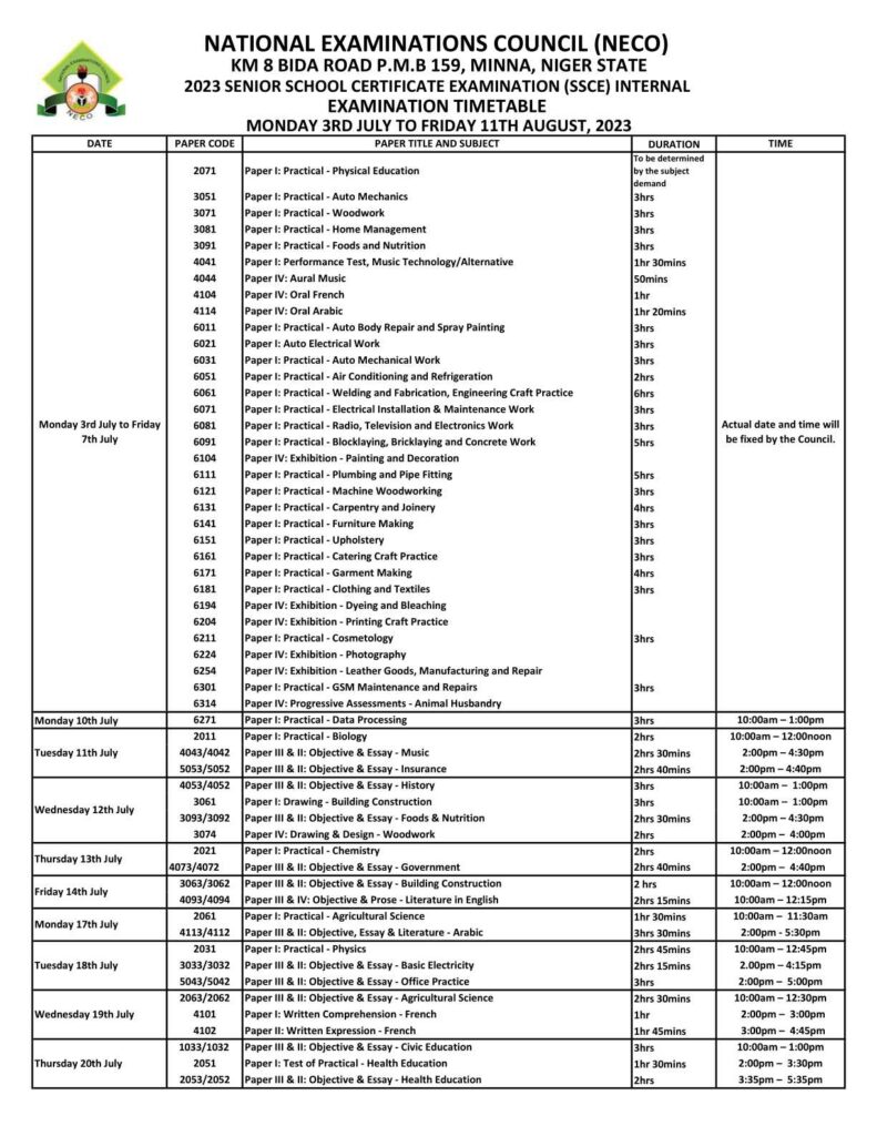 NECO Timetable 2023 June/July SSCE (Internal) PDF Download