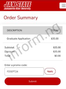 You can only use the Jacksonville State University application fee waiver code 2024 when you submit your application between now and September 4, 2024 11:59 CDT